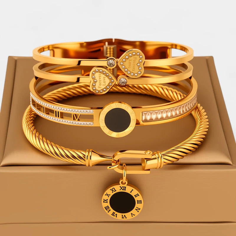 Virelle-Virelle | Dames armbandenset – Roestvrij staal, Romeinse cijfers, Hartvormige strassbedel