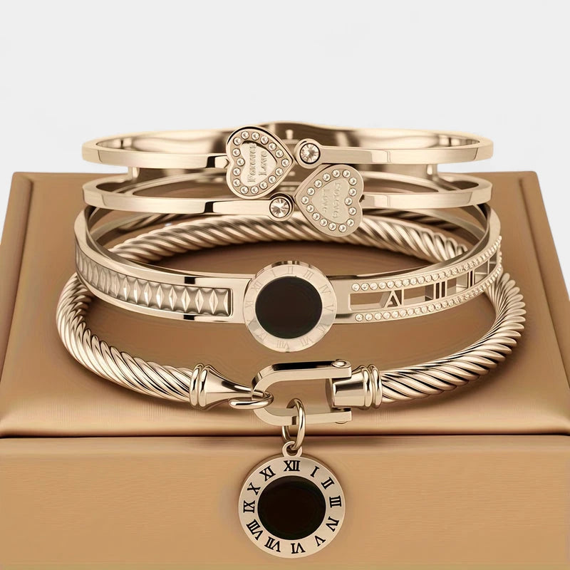 Virelle-Virelle | Dames armbandenset – Roestvrij staal, Romeinse cijfers, Hartvormige strassbedel