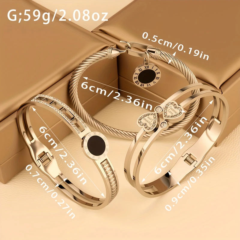 Virelle-Virelle | Dames armbandenset – Roestvrij staal, Romeinse cijfers, Hartvormige strassbedel