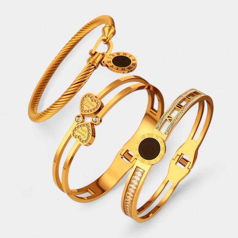 Virelle-Virelle | Dames armbandenset – Roestvrij staal, Romeinse cijfers, Hartvormige strassbedel