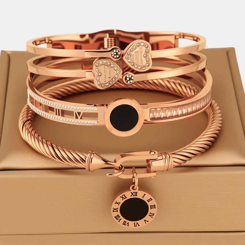 Virelle-Virelle | Dames armbandenset – Roestvrij staal, Romeinse cijfers, Hartvormige strassbedel