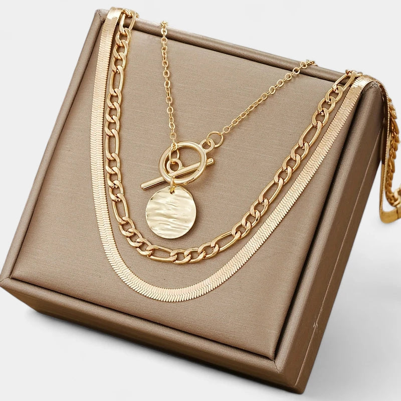 Virelle-Virelle | Dames kettingset – Zinklegering, Gelaagde slangenschakel, Munt hanger