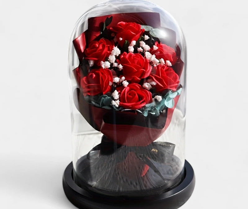 Virelle-Virelle | Dames woondecoratie – Glazen stolp, Kunstrozen boeket, Romantisch bloemstuk