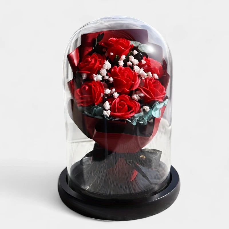 Virelle-Virelle | Dames woondecoratie – Glazen stolp, Kunstrozen boeket, Romantisch bloemstuk