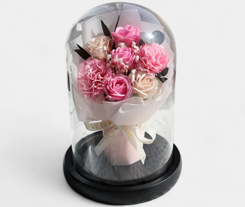 Virelle-Virelle | Dames woondecoratie – Glazen stolp, Kunstrozen boeket, Romantisch bloemstuk