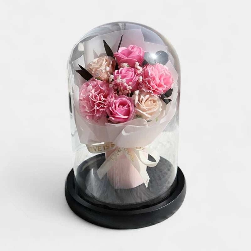 Virelle-Virelle | Dames woondecoratie – Glazen stolp, Kunstrozen boeket, Romantisch bloemstuk