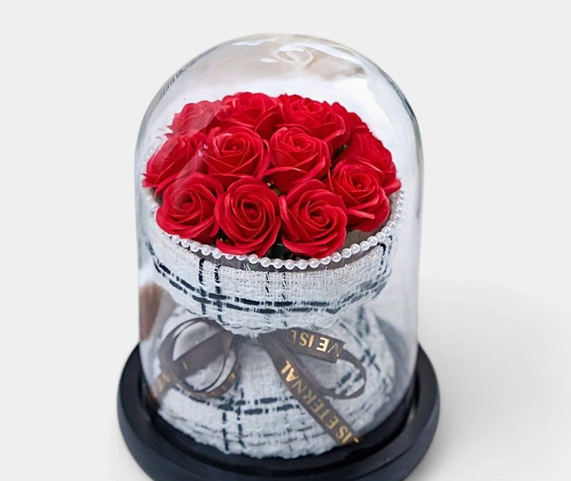 Virelle-Virelle | Dames woondecoratie – Glazen stolp, Kunstrozen boeket, Romantisch bloemstuk