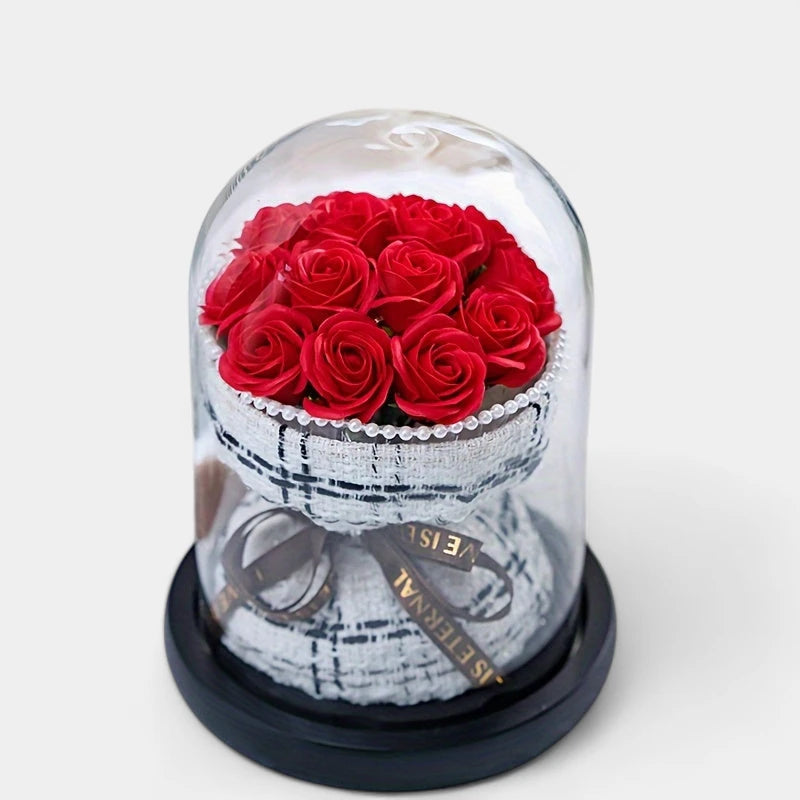 Virelle-Virelle | Dames woondecoratie – Glazen stolp, Kunstrozen boeket, Romantisch bloemstuk