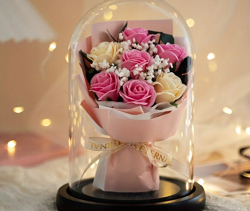 Virelle-Virelle | Dames woondecoratie – Glazen stolp, Kunstrozen boeket, Romantisch bloemstuk