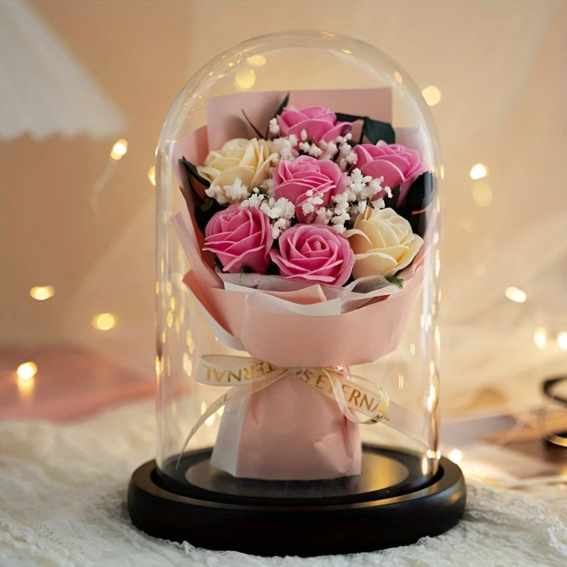 Virelle-Virelle | Dames woondecoratie – Glazen stolp, Kunstrozen boeket, Romantisch bloemstuk