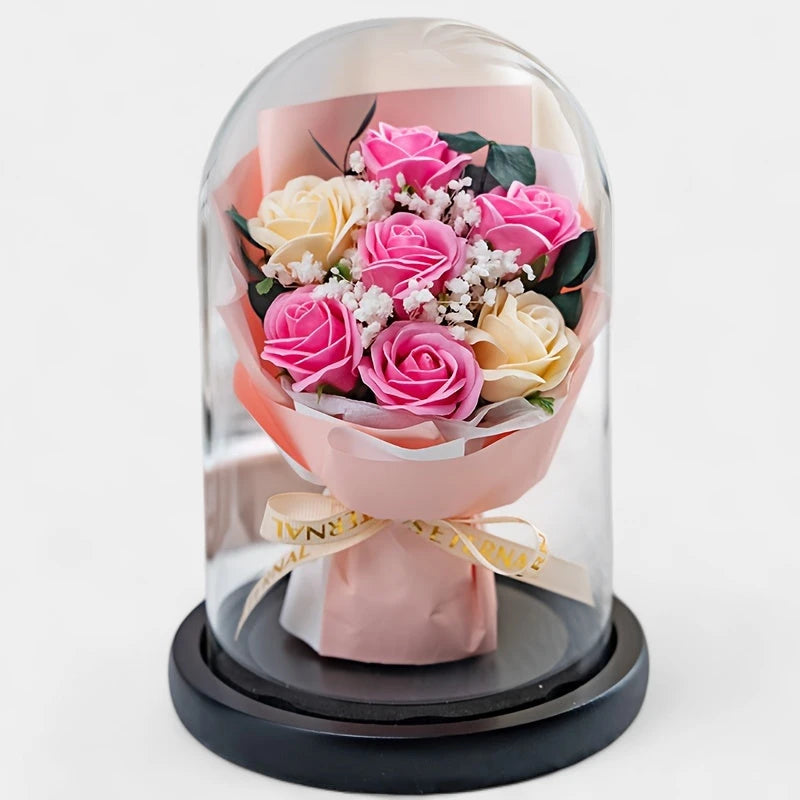 Virelle-Virelle | Dames woondecoratie – Glazen stolp, Kunstrozen boeket, Romantisch bloemstuk