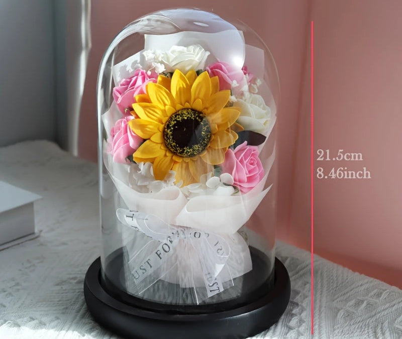 Virelle-Virelle | Dames woondecoratie – Glazen stolp, Kunstrozen boeket, Romantisch bloemstuk