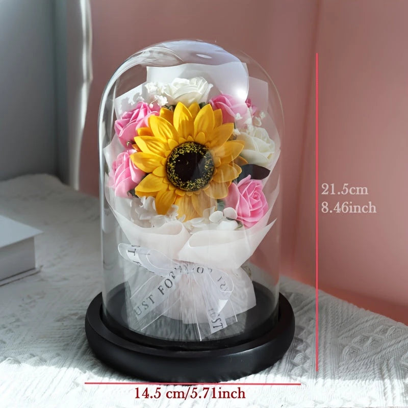 Virelle-Virelle | Dames woondecoratie – Glazen stolp, Kunstrozen boeket, Romantisch bloemstuk