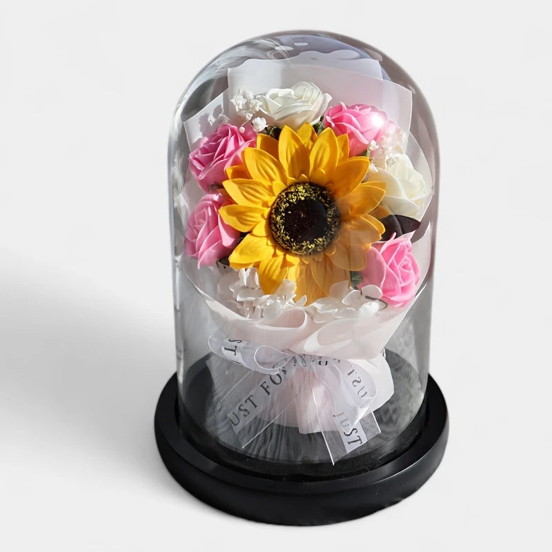 Virelle-Virelle | Dames woondecoratie – Glazen stolp, Kunstrozen boeket, Romantisch bloemstuk