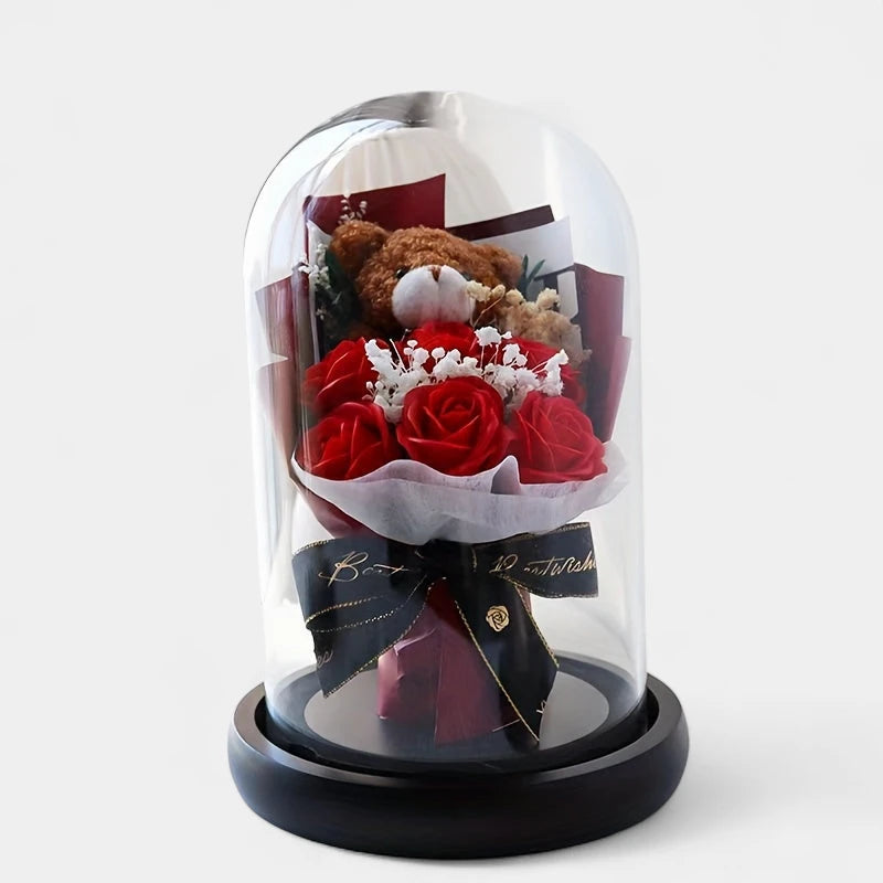 Virelle-Virelle | Dames woondecoratie – Glazen stolp, Realistische kunstrozen, Elegant bloemstuk