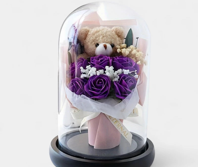 Virelle-Virelle | Dames woondecoratie – Glazen stolp, Realistische kunstrozen, Elegant bloemstuk