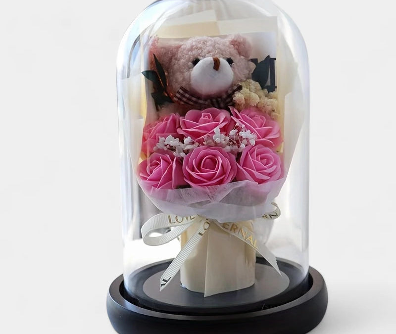 Virelle-Virelle | Dames woondecoratie – Glazen stolp, Realistische kunstrozen, Elegant bloemstuk