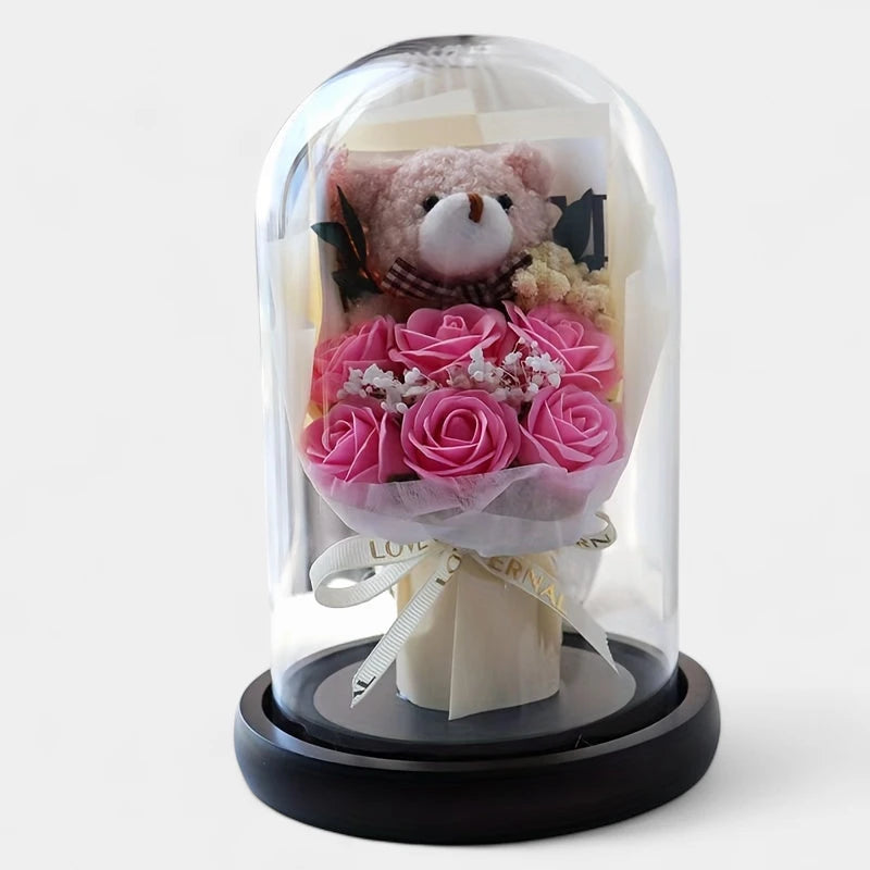 Virelle-Virelle | Dames woondecoratie – Glazen stolp, Realistische kunstrozen, Elegant bloemstuk