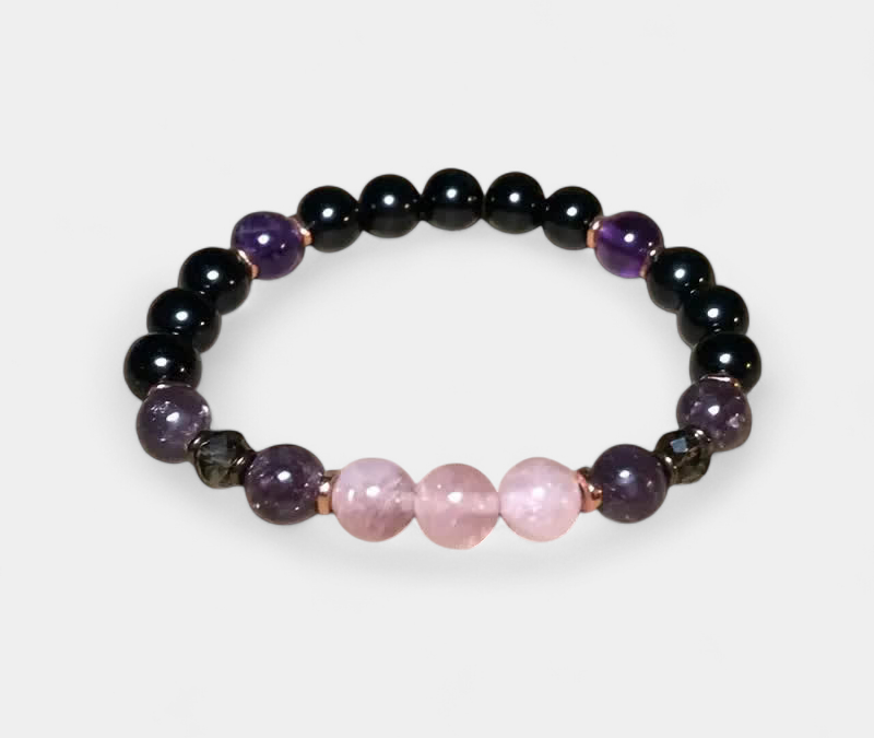 Virelle-Virelle | Damesarmband – Edelsteenkralen 8 mm rozekwarts, obsidiaan, amethist