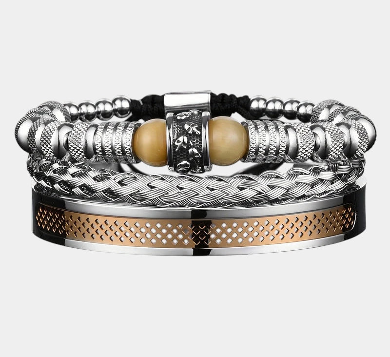 Virelle-Virelle | Heren Armband – Roestvrij staal, Vintage ontwerp, Tijgeroog kralen, Set van drie