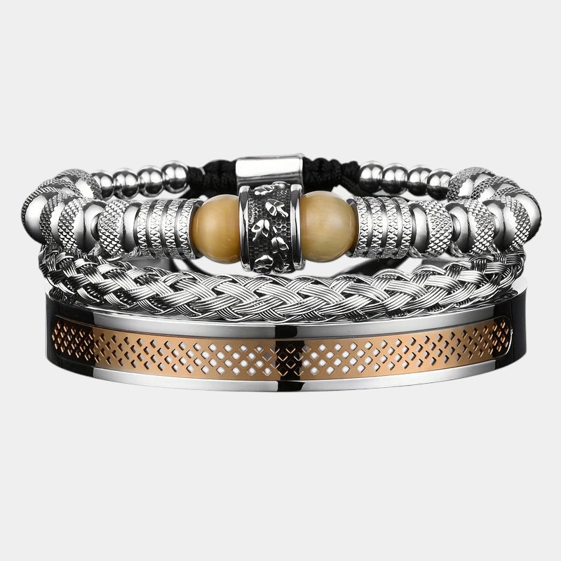 Virelle-Virelle | Heren Armband – Roestvrij staal, Vintage ontwerp, Tijgeroog kralen, Set van drie