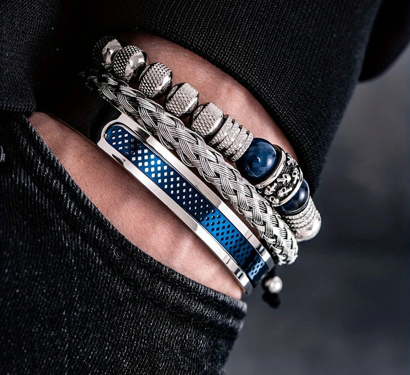 Virelle-Virelle | Heren Armband – Roestvrij staal, Vintage ontwerp, Tijgeroog kralen, Set van drie