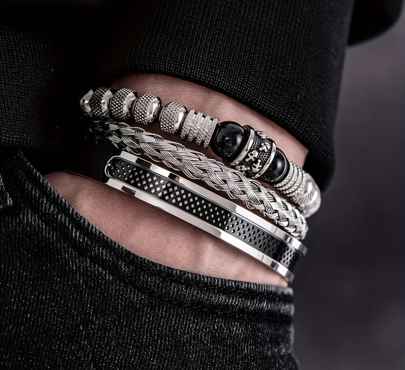 Virelle-Virelle | Heren Armband – Roestvrij staal, Vintage ontwerp, Tijgeroog kralen, Set van drie