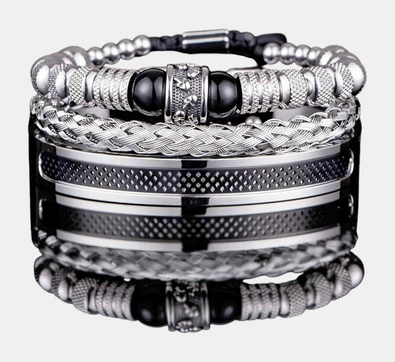 Virelle-Virelle | Heren Armband – Roestvrij staal, Vintage ontwerp, Tijgeroog kralen, Set van drie