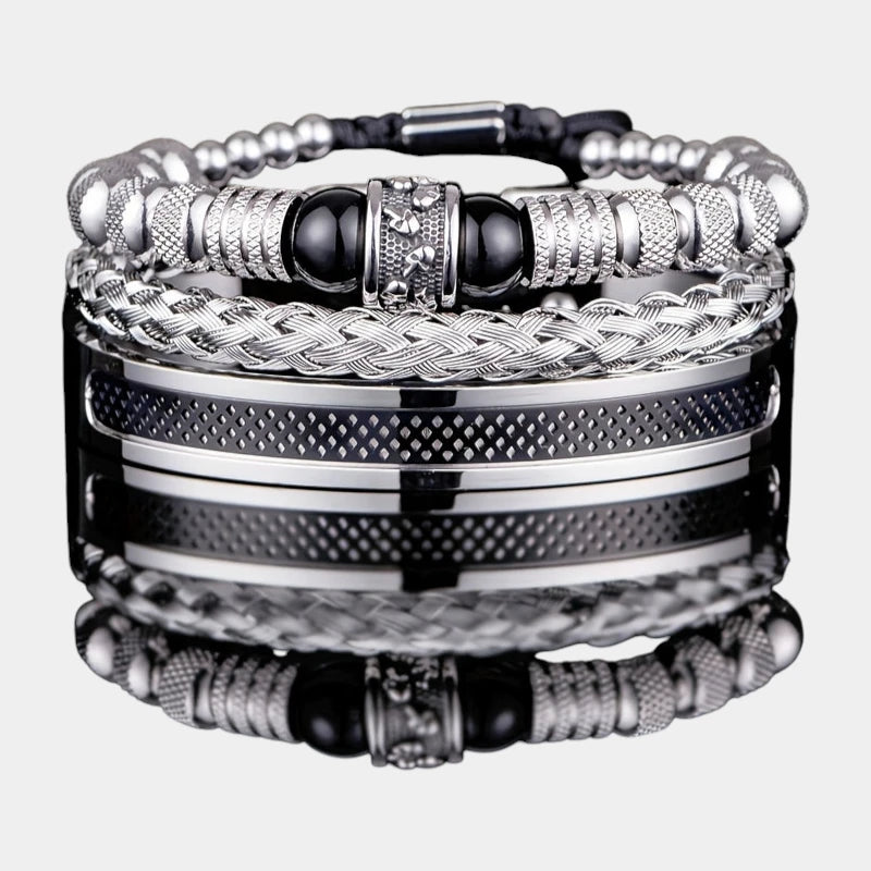 Virelle-Virelle | Heren Armband – Roestvrij staal, Vintage ontwerp, Tijgeroog kralen, Set van drie