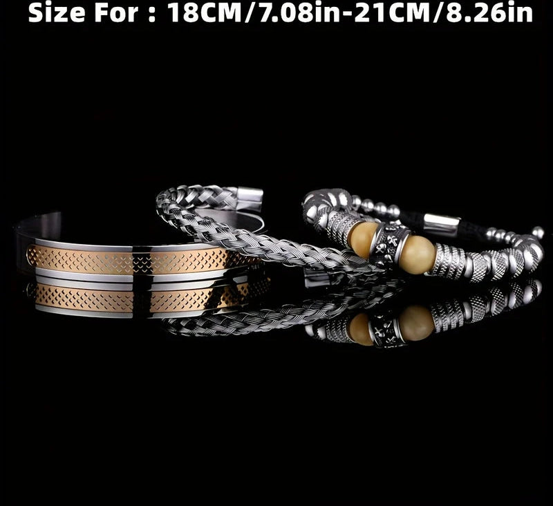 Virelle-Virelle | Heren Armband – Roestvrij staal, Vintage ontwerp, Tijgeroog kralen, Set van drie