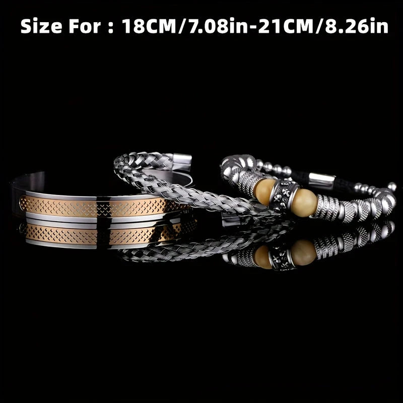 Virelle-Virelle | Heren Armband – Roestvrij staal, Vintage ontwerp, Tijgeroog kralen, Set van drie