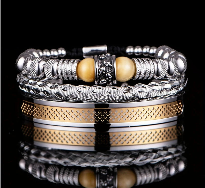 Virelle-Virelle | Heren Armband – Roestvrij staal, Vintage ontwerp, Tijgeroog kralen, Set van drie