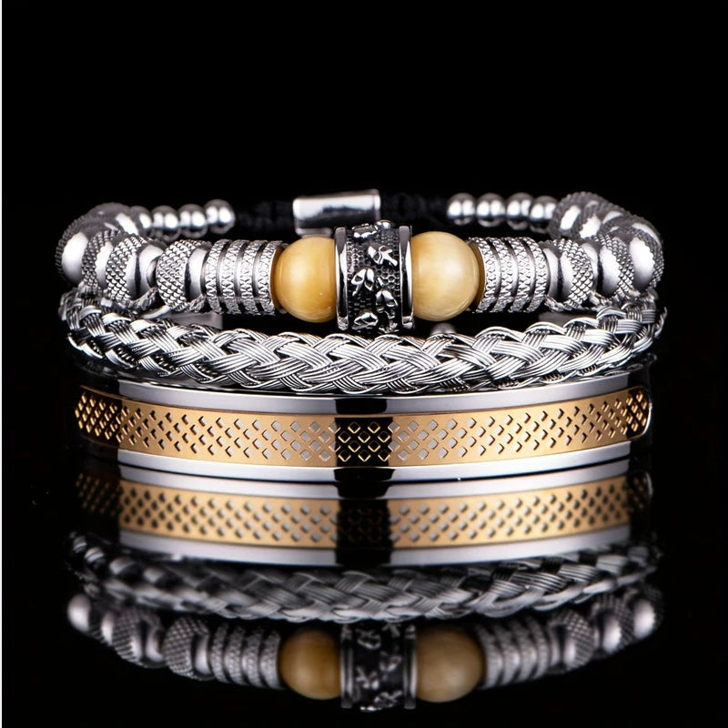 Virelle-Virelle | Heren Armband – Roestvrij staal, Vintage ontwerp, Tijgeroog kralen, Set van drie