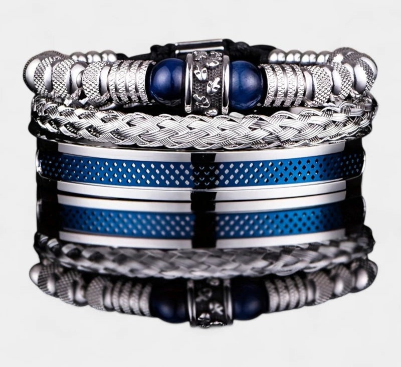 Virelle-Virelle | Heren Armband – Roestvrij staal, Vintage ontwerp, Tijgeroog kralen, Set van drie