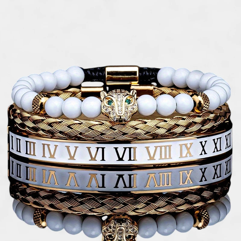 Virelle-Virelle | Heren armband – Roestvrij staal, Kroon en schedelbedel, Emaille Romeinse cijfers