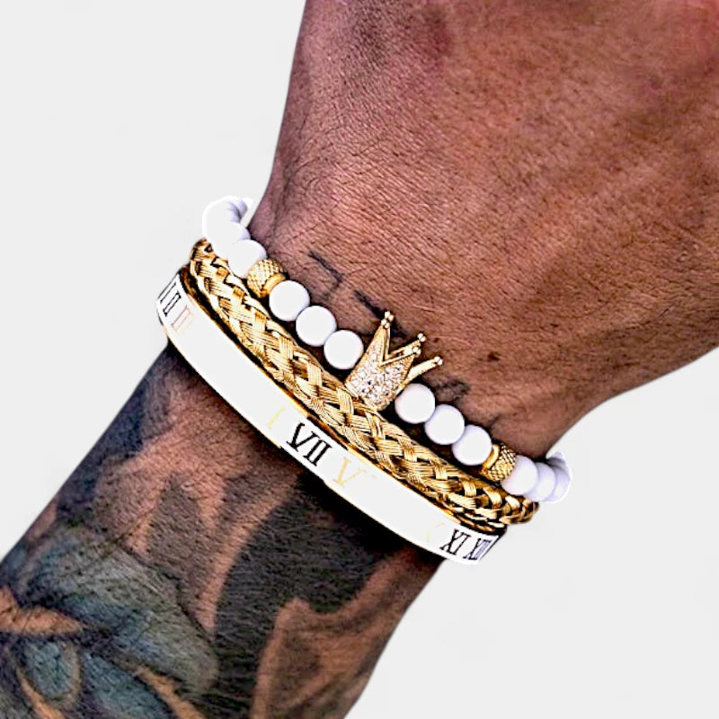 Virelle-Virelle | Heren armband – Roestvrij staal, Kroon en schedelbedel, Emaille Romeinse cijfers