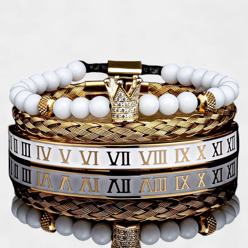 Virelle-Virelle | Heren armband – Roestvrij staal, Kroon en schedelbedel, Emaille Romeinse cijfers