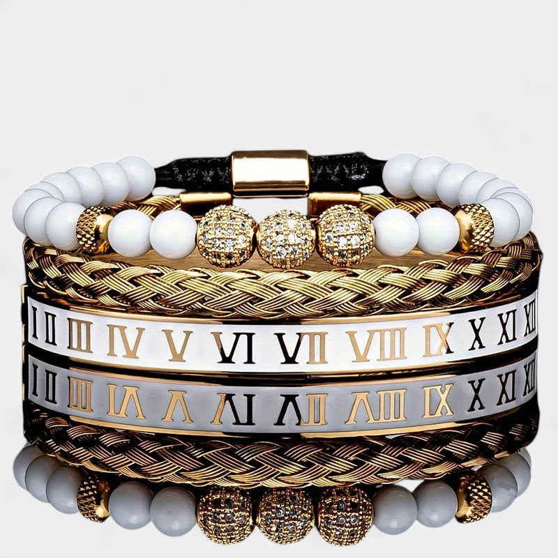 Virelle-Virelle | Heren armband – Roestvrij staal, Kroon en schedelbedel, Emaille Romeinse cijfers