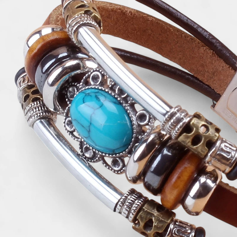 Virelle-Virelle | Unisex Armband – Vintage PU Leer met Turkoois Kraal, Roestvrijstalen Gespsluiting