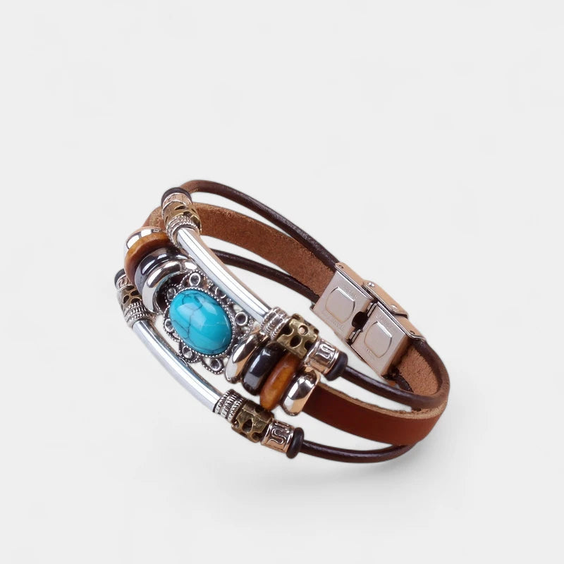 Virelle-Virelle | Unisex Armband – Vintage PU Leer met Turkoois Kraal, Roestvrijstalen Gespsluiting