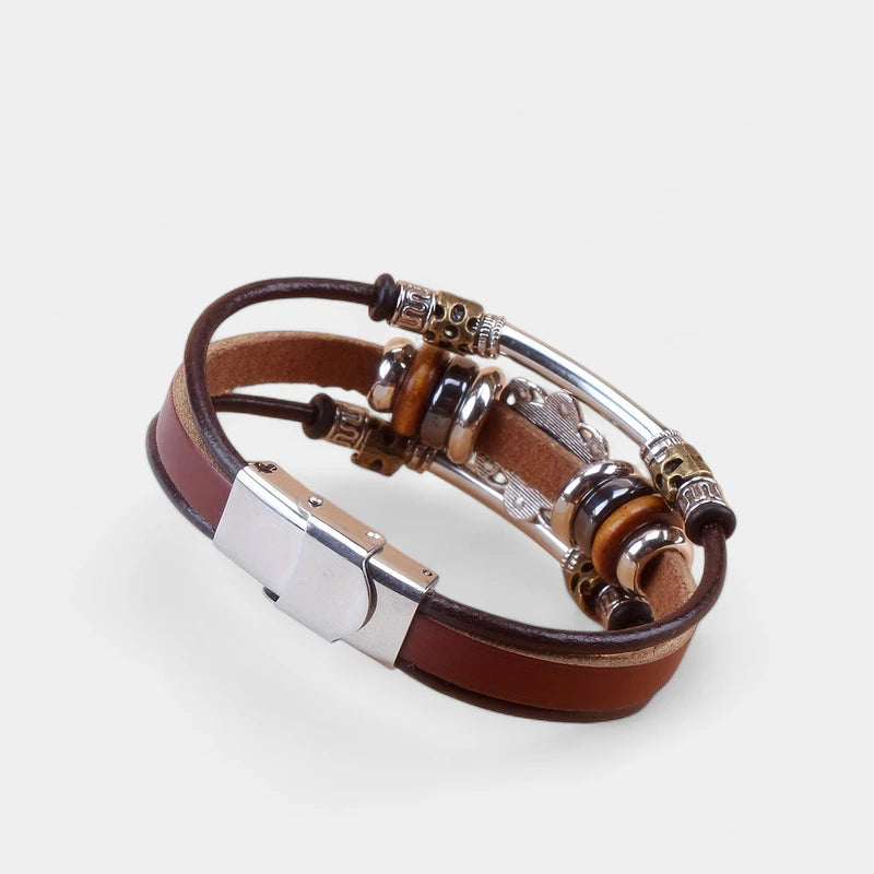 Virelle-Virelle | Unisex Armband – Vintage PU Leer met Turkoois Kraal, Roestvrijstalen Gespsluiting