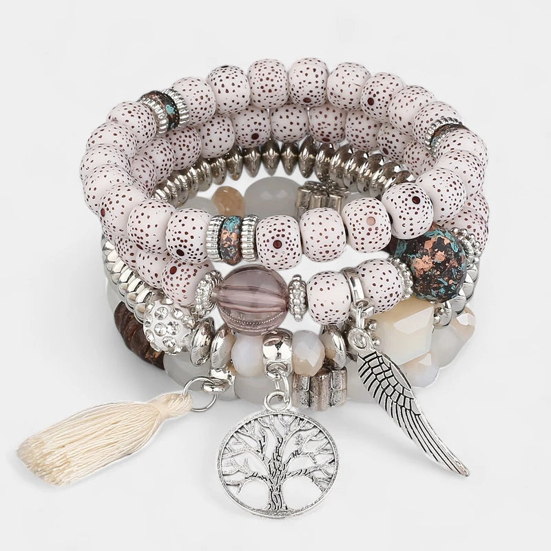Virelle-Virelle | Unisex Armbanden Set – Boheemse Levensboom & Veer Hanger, Handgemaakt, Boho Stijl