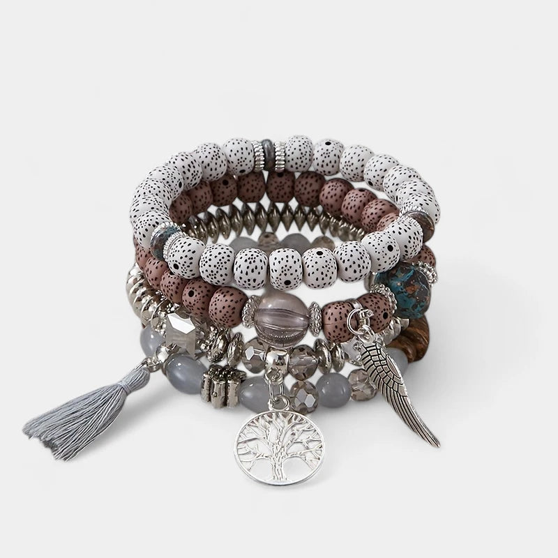 Virelle-Virelle | Unisex Armbanden Set – Boheemse Levensboom & Veer Hanger, Handgemaakt, Boho Stijl