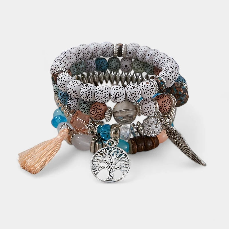 Virelle-Virelle | Unisex Armbanden Set – Boheemse Levensboom & Veer Hanger, Handgemaakt, Boho Stijl