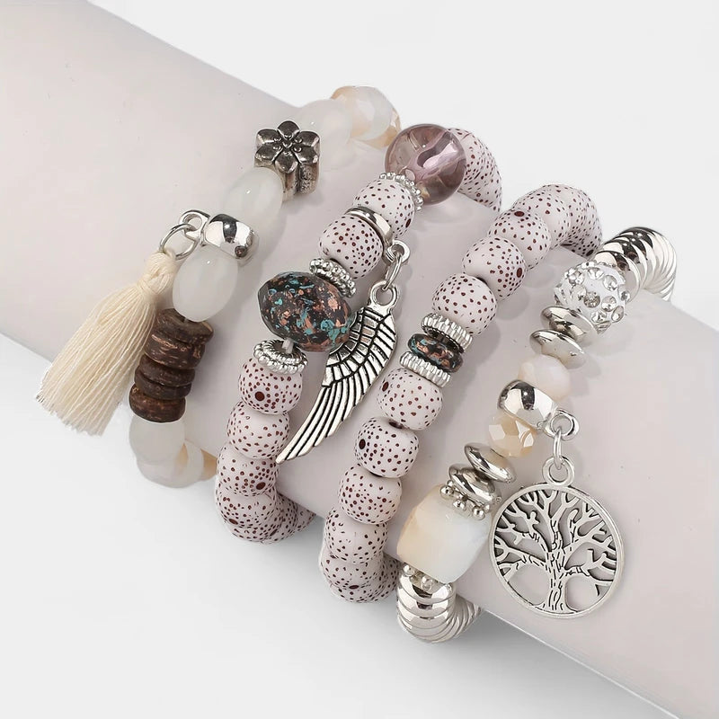 Virelle-Virelle | Unisex Armbanden Set – Boheemse Levensboom & Veer Hanger, Handgemaakt, Boho Stijl