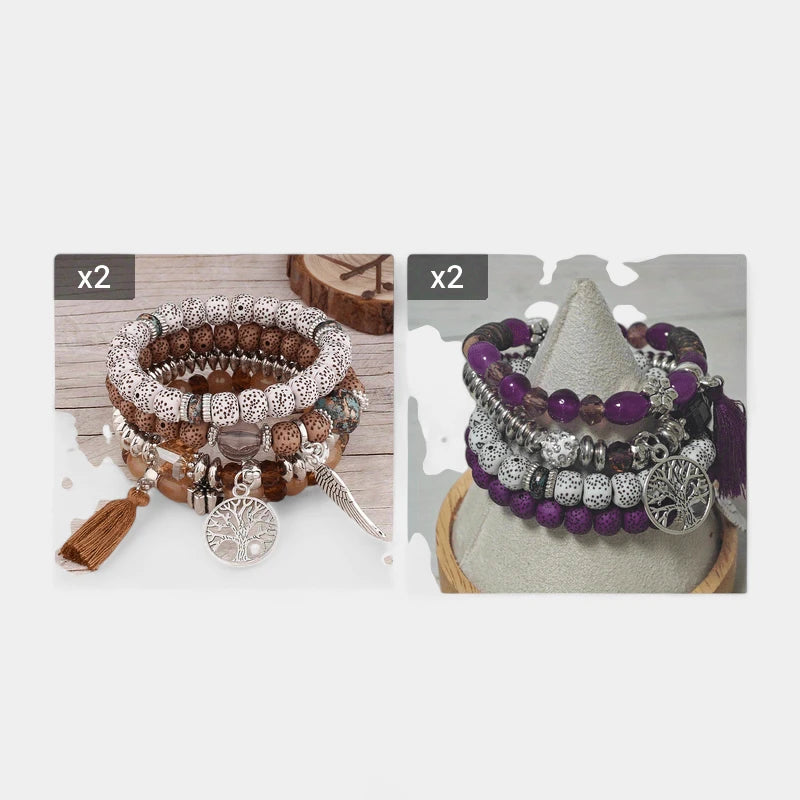 Virelle-Virelle | Unisex Armbanden Set – Boheemse Levensboom & Veer Hanger, Handgemaakt, Boho Stijl