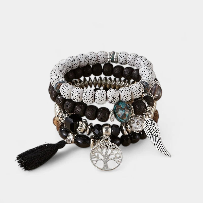 Virelle-Virelle | Unisex Armbanden Set – Boheemse Levensboom & Veer Hanger, Handgemaakt, Boho Stijl