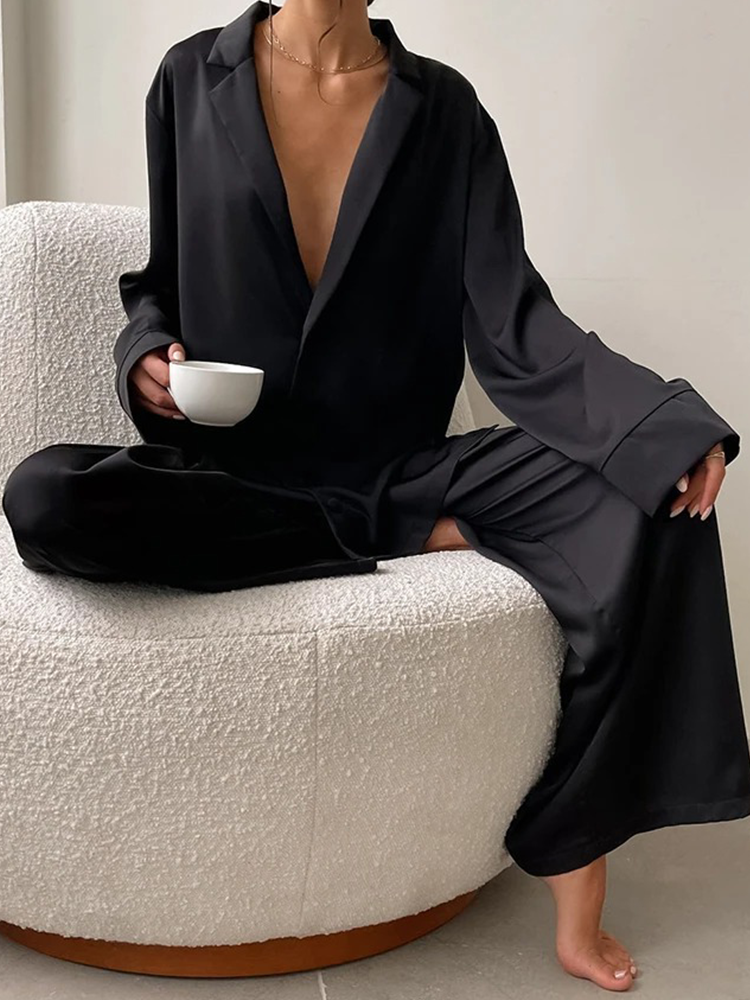 Ariane Satijnen Loungeset | Satijnen Pyjama Set Lang | Loungewear Dames Zwart