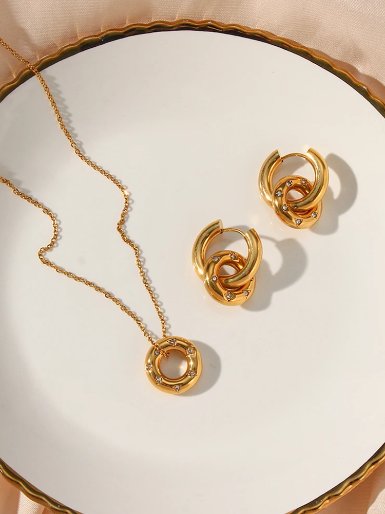 Luca Zirkonia Donut Ketting + Oorbellen Set Goud