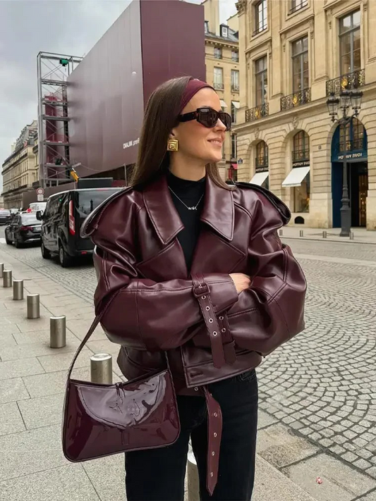 Cece Leren Bomber Jack Dames | Winterjas Vrouw | Leren Jas Herfst Burgundy Rood